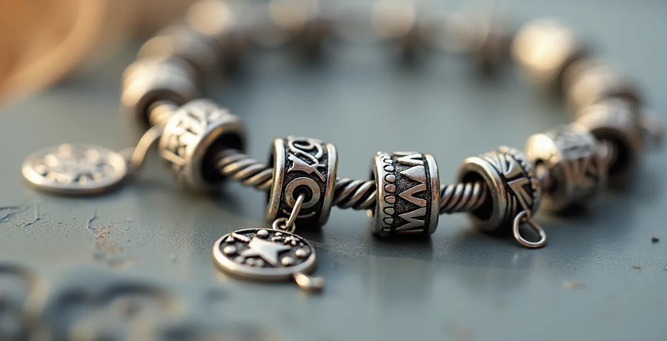 Detalle macro de pulsera mostrando la alternancia entre charms fijos y colgantes para un equilibrio visual perfecto.