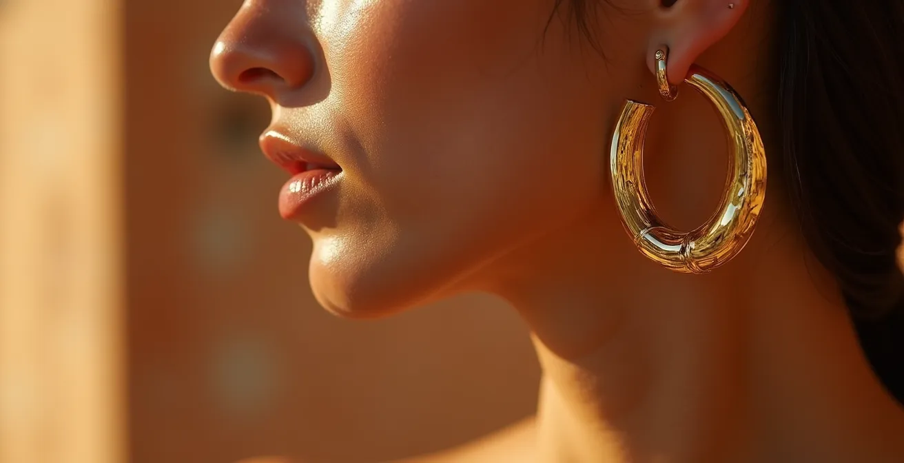 Primer plano de aros redondos dorados que suavizan visualmente una mandíbula angular