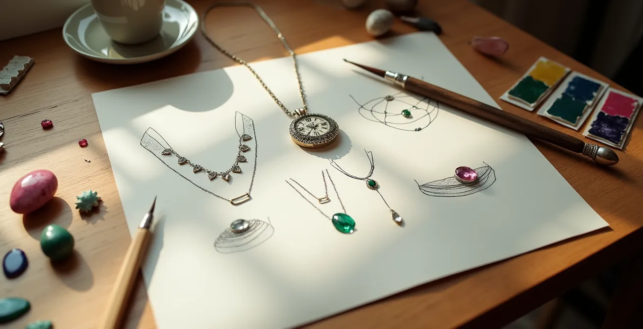 Mesa de diseñador con bocetos a mano de joyas exclusivas, piedras preciosas y herramientas de dibujo