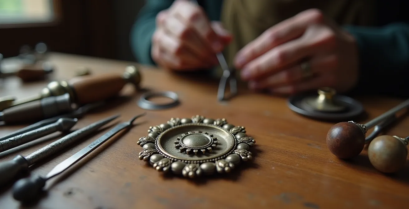 Detalle técnico de un broche del siglo XIX con sistema de presilla desmontable añadido de forma reversible