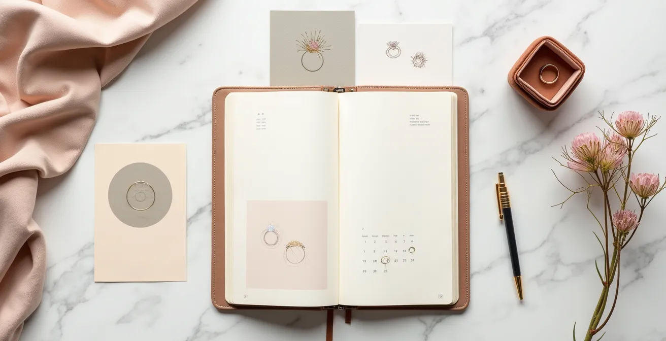 Vista cenital de mesa con calendario, muestras de anillos y notas de planificación