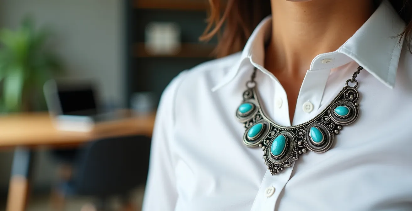 Detalle de collar de plata con piedras semipreciosas sobre camisa blanca en contexto de oficina