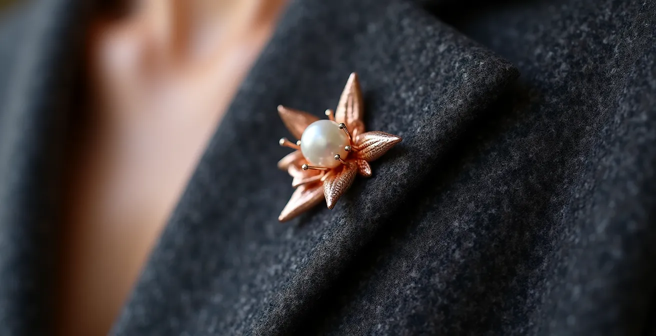 Detalle macro de broche dorado sobre solapa con botones metálicos coordinados