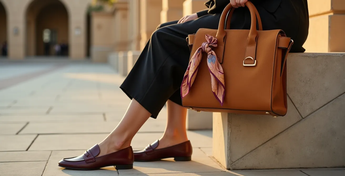 Conjunto moderno con bolso camel y zapatos burdeos unidos por pañuelo estampado