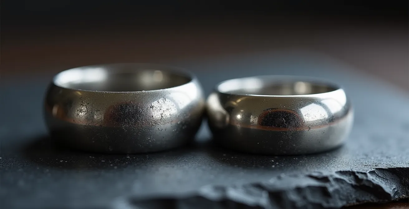 Comparación visual entre un anillo hecho a mano con texturas únicas y uno industrial perfecto