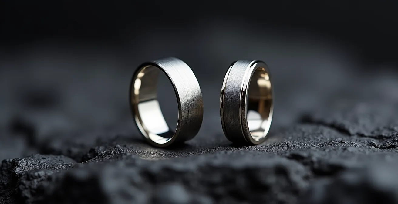 Comparación visual entre anillo de platino y oro blanco con detalles macro