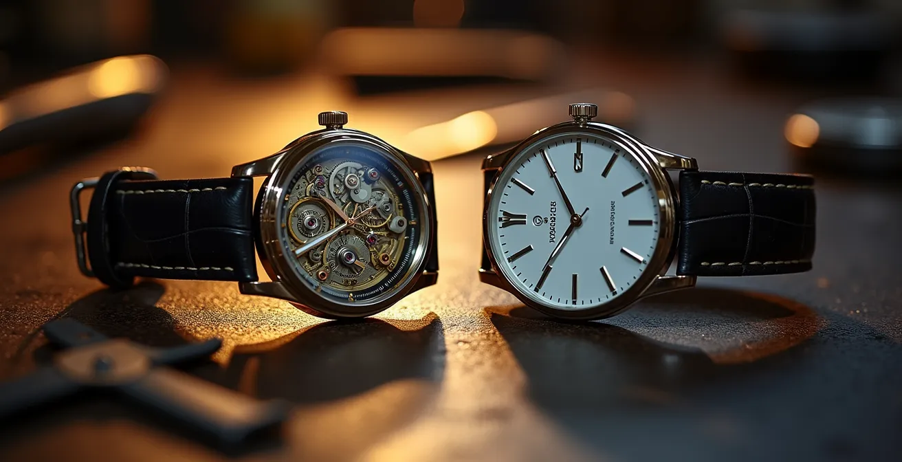 Dos relojes sobre mesa de relojero, uno mecánico abierto mostrando su movimiento y otro de cuarzo cerrado