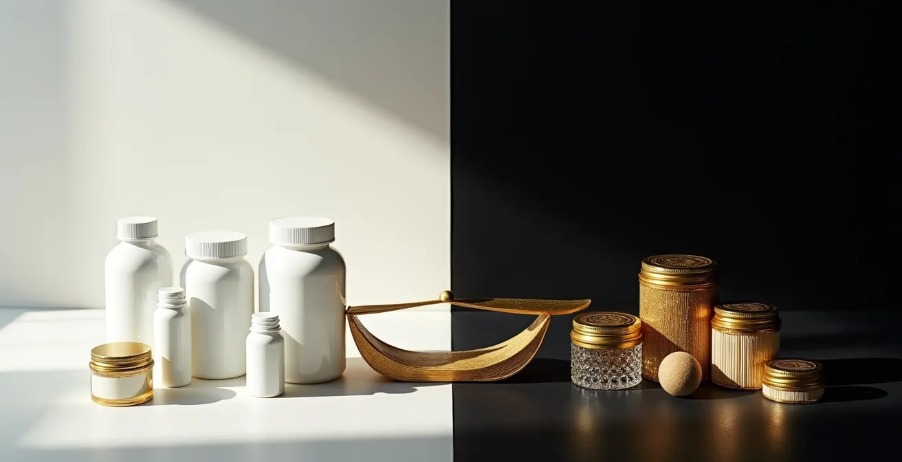 Contraste visual entre productos de farmacia accesibles y cosmética de lujo