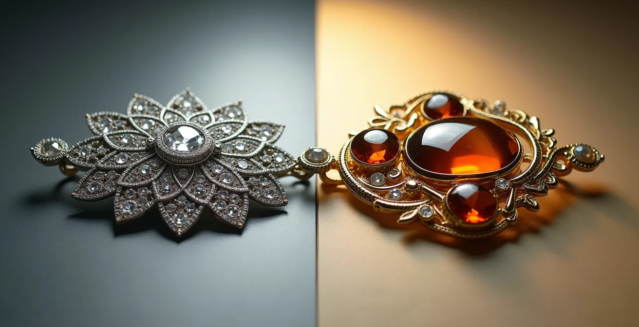 Comparación visual entre un broche Art Déco geométrico de platino y un colgante orgánico dorado de los años 70