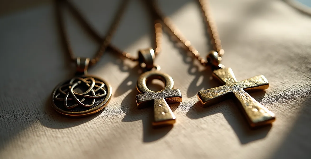 Composición macro mostrando texturas de diferentes símbolos espirituales en joyas