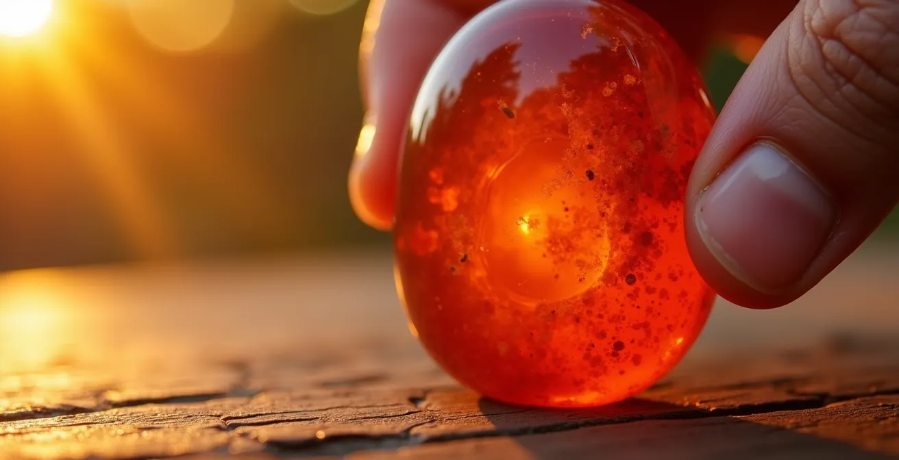 Mano sosteniendo una piedra cornalina de color naranja rojizo bajo una cálida luz mediterránea
