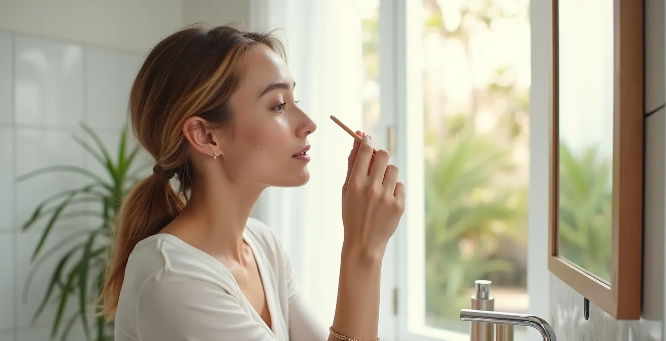 Dedos aplicando corrector con técnica de punteo suave bajo el ojo