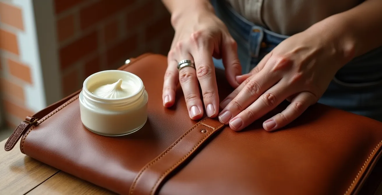 Manos aplicando crema nutritiva sobre bolso de piel con técnica circular