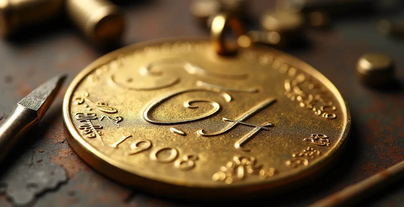 Fotografía macro de una medalla dorada mostrando el grabado de iniciales con profundidad de campo reducida