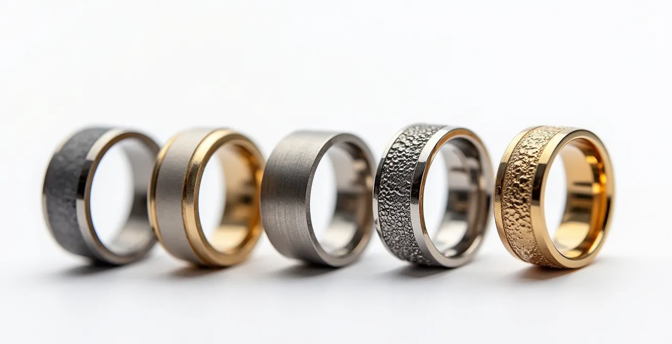 Comparación macro de cinco acabados de anillos mostrando diferentes texturas y su resistencia a arañazos