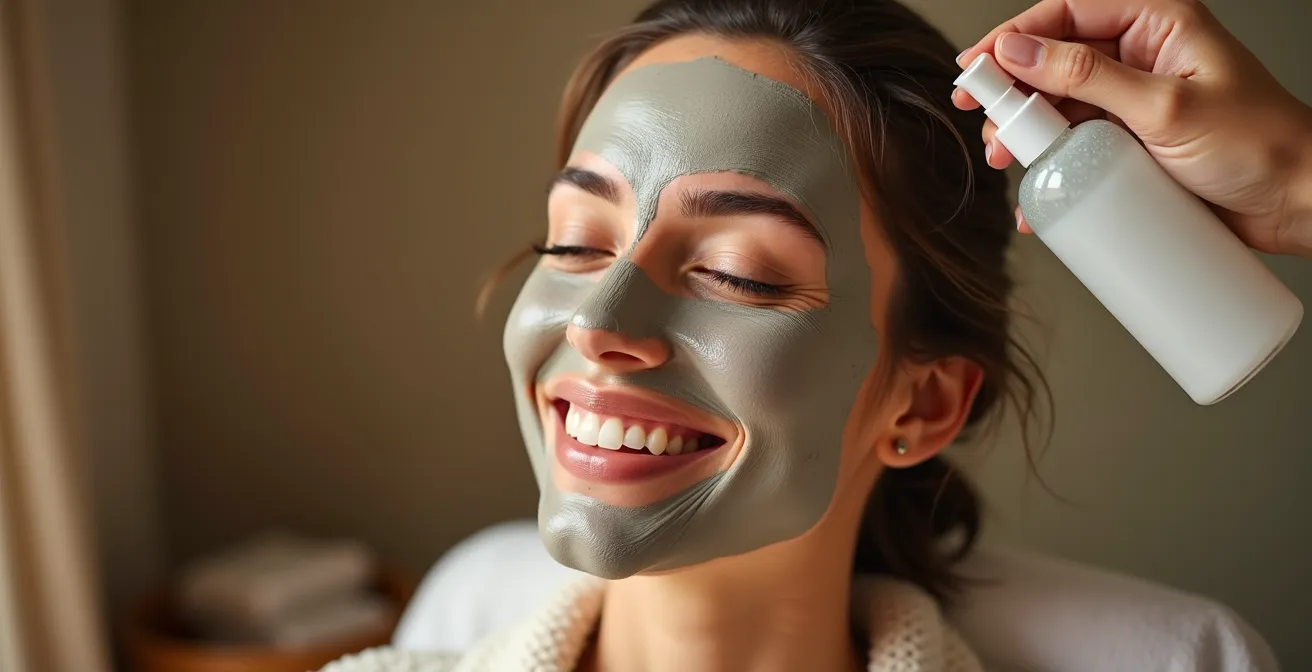 Tres fases del secado de mascarilla de arcilla en el rostro