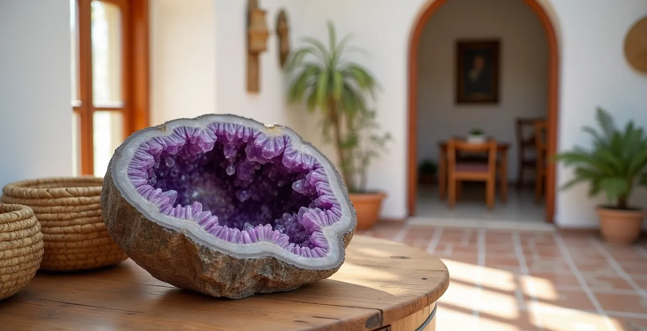 Geoda de amatista integrada en decoración de hogar español mediterráneo