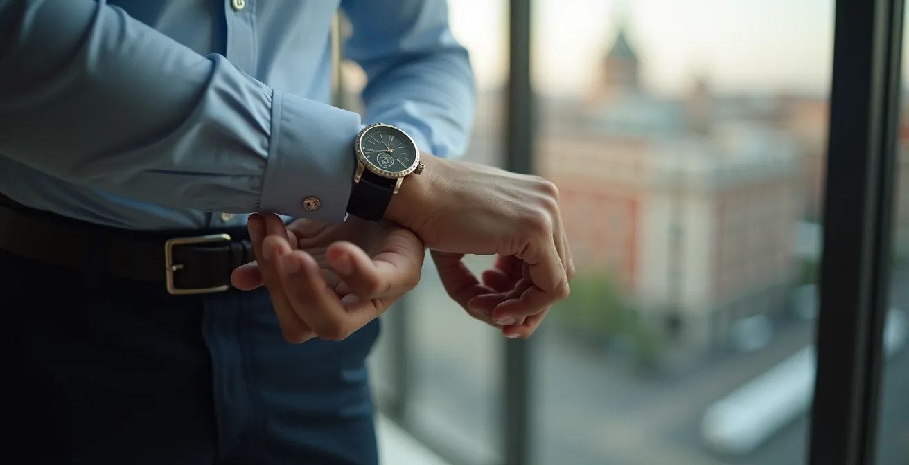 Manos de joven profesional ajustando reloj elegante con skyline de Madrid difuminado al fondo