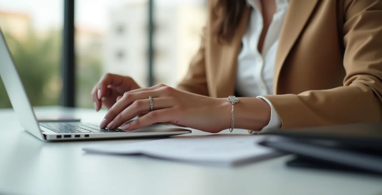 Detalle de joyería espiritual minimalista en contexto de oficina profesional