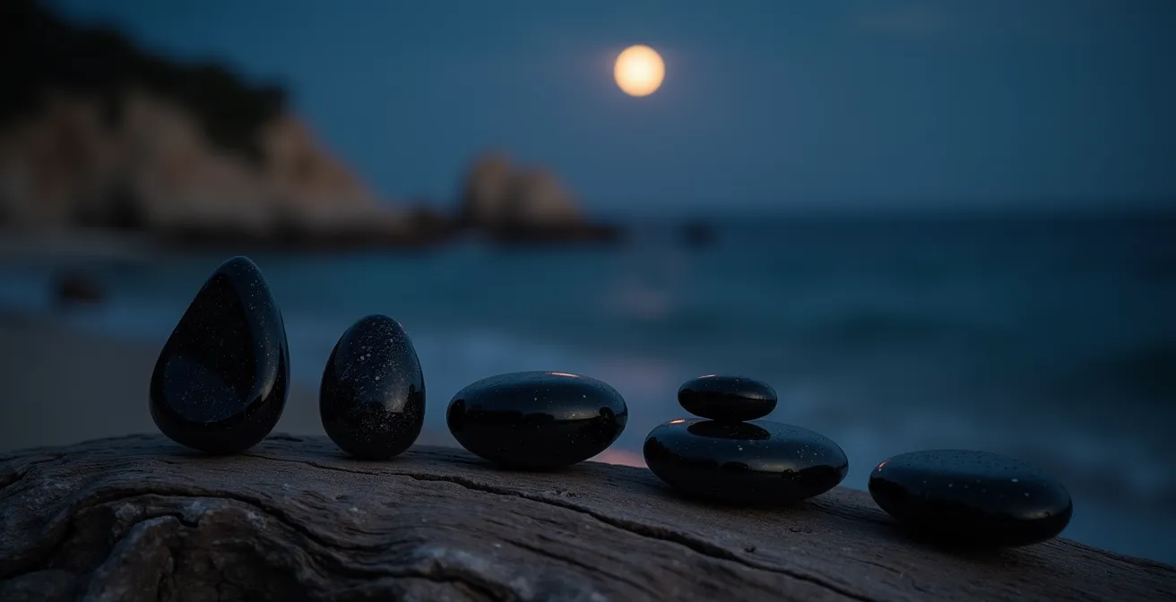 Piedras protectoras como la turmalina negra y la shungit sobre un tronco en una playa española, bajo la luz de la luna llena para su limpieza energética.