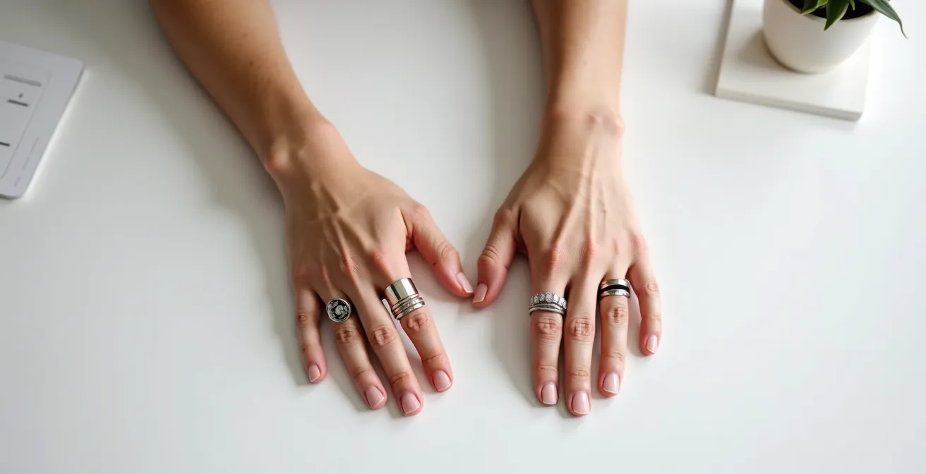 Vista superior de manos mostrando distribución ergonómica de anillos para trabajo