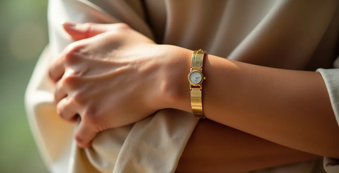 Detalle macro de muñeca femenina con brazalete dorado perfectamente ajustado