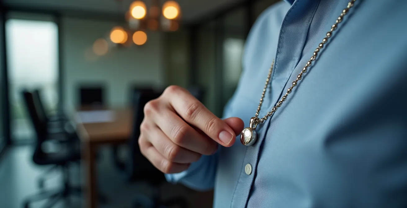 Mano profesional tocando discretamente un colgante antes de una reunión de negocios