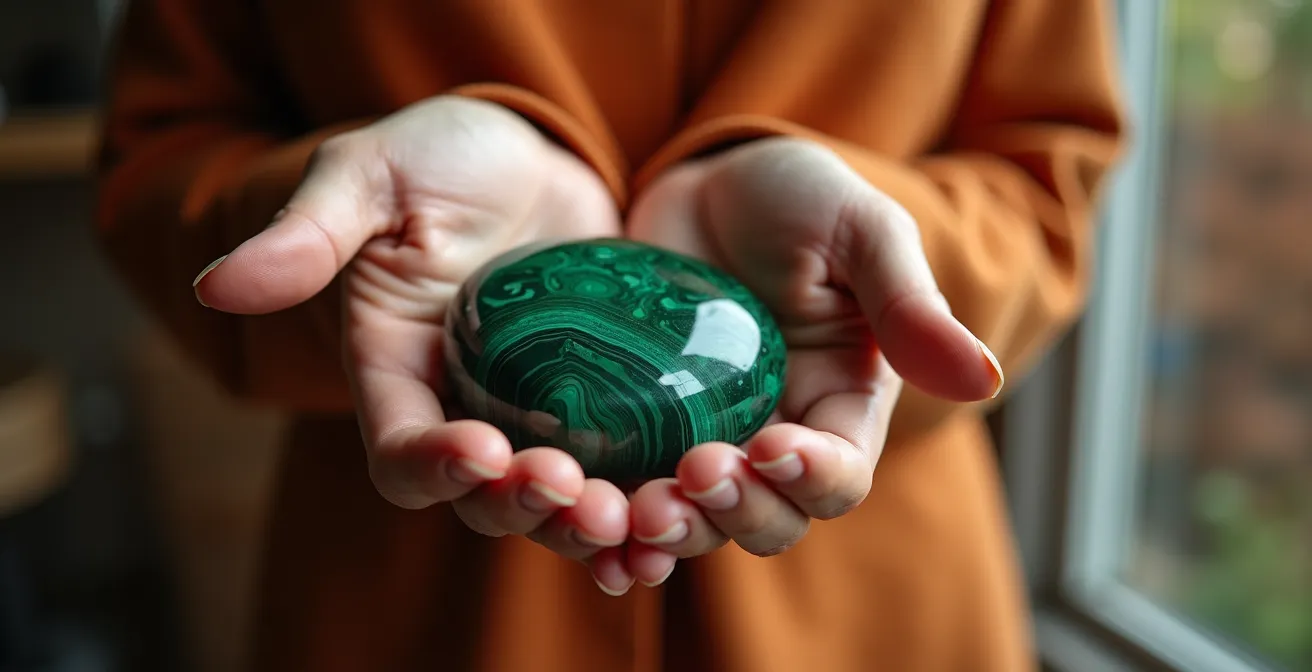 Manos femeninas sosteniendo una piedra de malaquita pulida con vetas verdes naturales en ritual de sanación