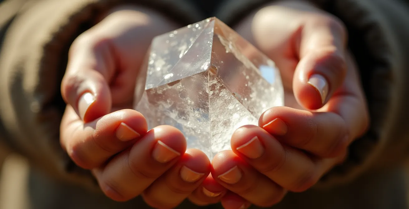 Manos en posición de meditación sosteniendo cuarzo transparente con luz suave