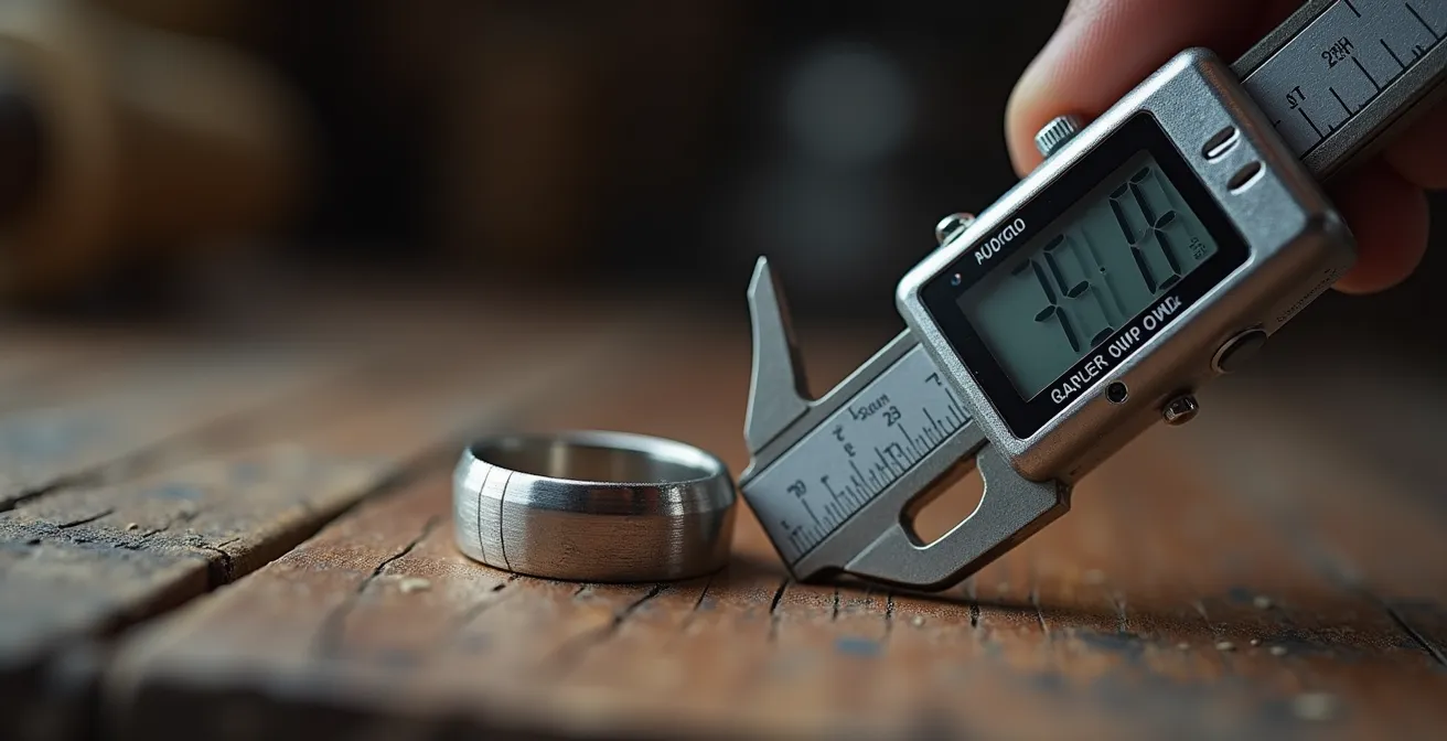 Medición precisa de anillo con calibre digital sobre mesa de joyero