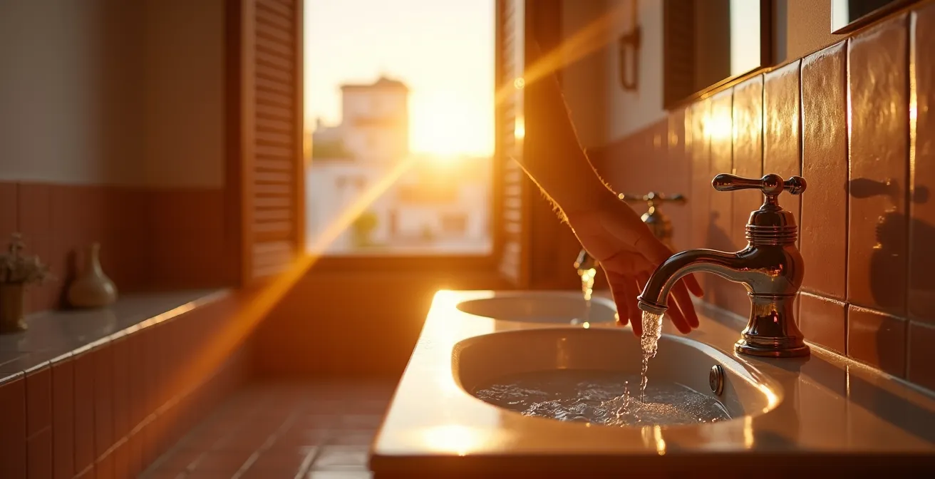 Ambiente de baño al atardecer con luz dorada entrando por ventana española