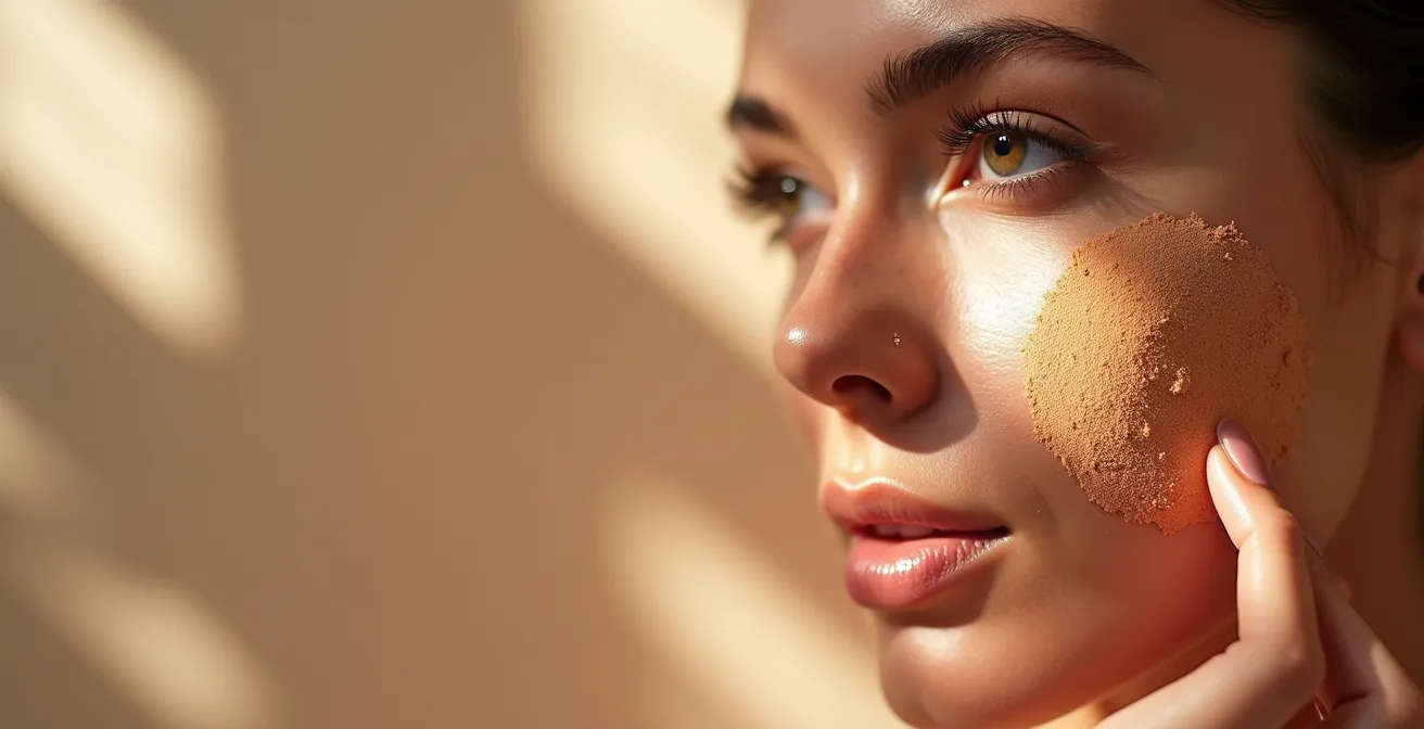 Profesional aplicando protector solar compacto en oficina luminosa con vista a ciudad española
