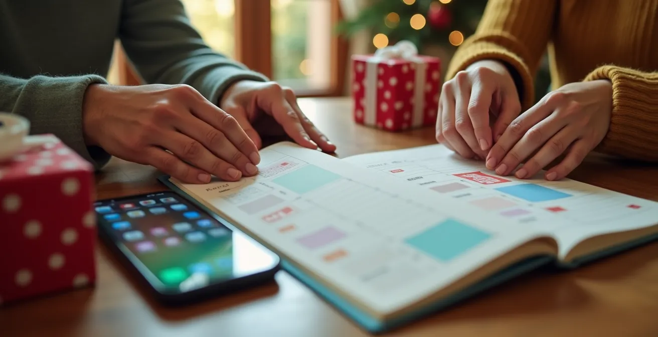 Escritorio organizado con un calendario físico, un smartphone mostrando notificaciones de recordatorios y varios regalos elegantemente envueltos.