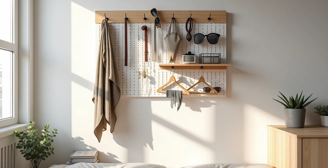 Sistema de almacenaje vertical de accesorios en pared con ganchos y cajas transparentes