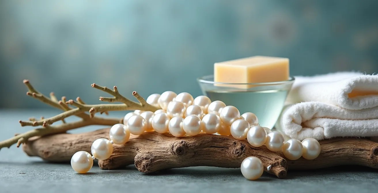 Perlas y coral mediterráneo sobre superficie de madera natural con elementos de limpieza ecológicos