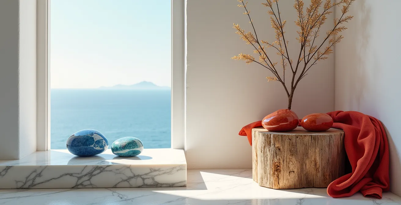 Contraste entre piedras azules calmantes y rojas energizantes con elementos mediterráneos