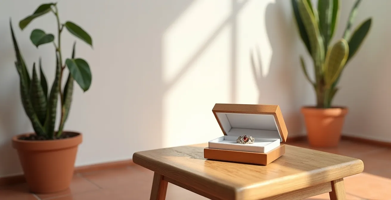 Manos abriendo con delicadeza un estuche de joyería artesanal española que revela una nueva pieza brillante como premio.