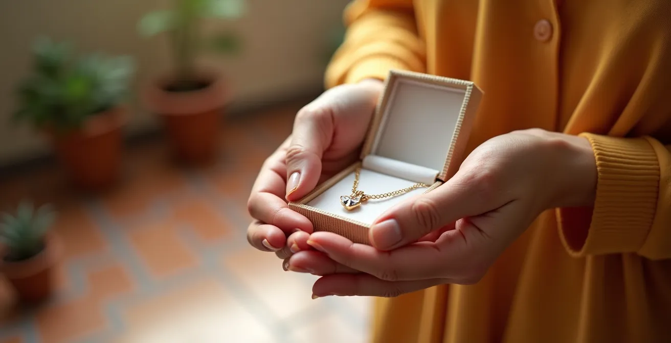Manos de mujer sosteniendo con delicadeza una caja de joyería abierta que contiene una pulsera de charms personalizada.