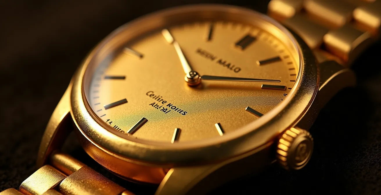 Detalle macro del contraste oficial español en la caja de un reloj de oro con textura del metal visible