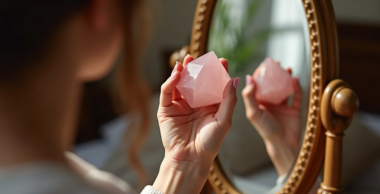 Mano sosteniendo cuarzo rosa frente a espejo antiguo español con luz matinal