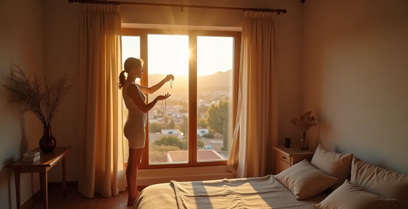 Ritual matutino de colocación consciente de joya con luz natural del amanecer
