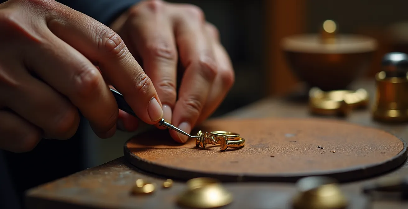 Manos de artesano joyero trabajando en un anillo de compromiso en taller tradicional español