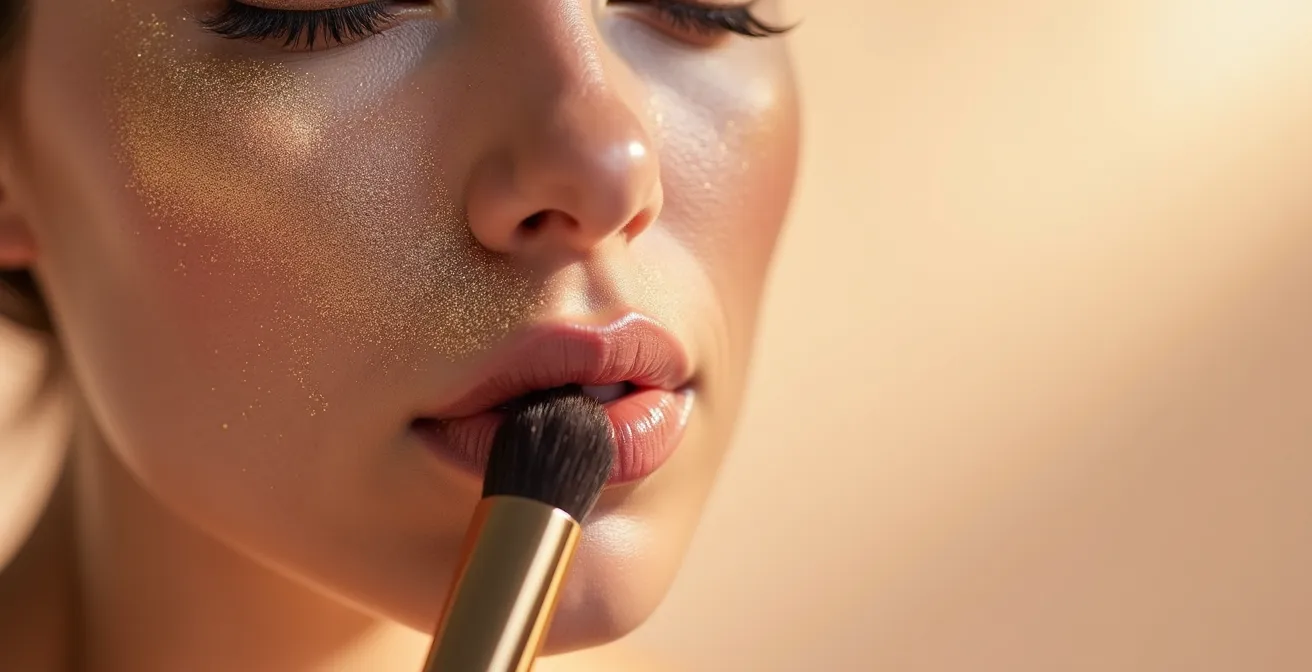 Primer plano de aplicación de iluminador en pómulos con pincel profesional