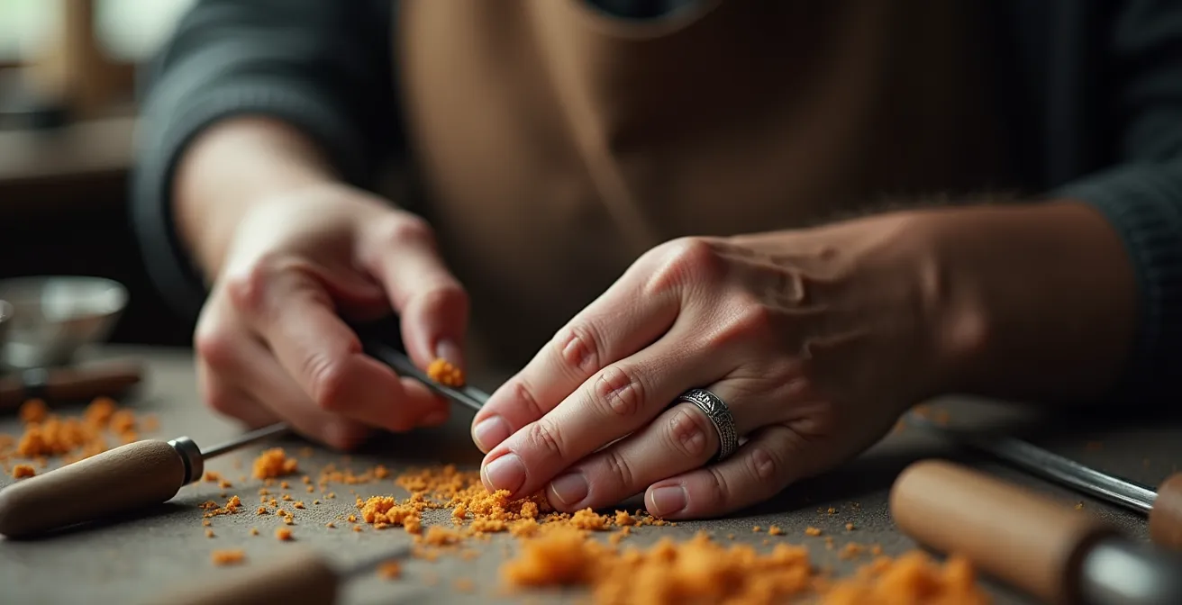 Manos de artesano modelando cera para joyería con herramientas tradicionales