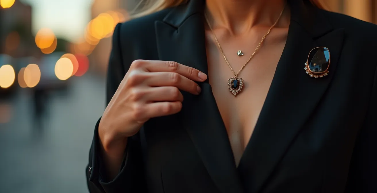 Mano intercambiando pin discreto por broche statement en solapa de blazer