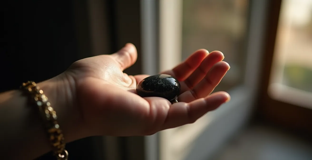 Mano de una persona española sosteniendo una turmalina negra pulida como amuleto protector antes de entrar en una oficina.