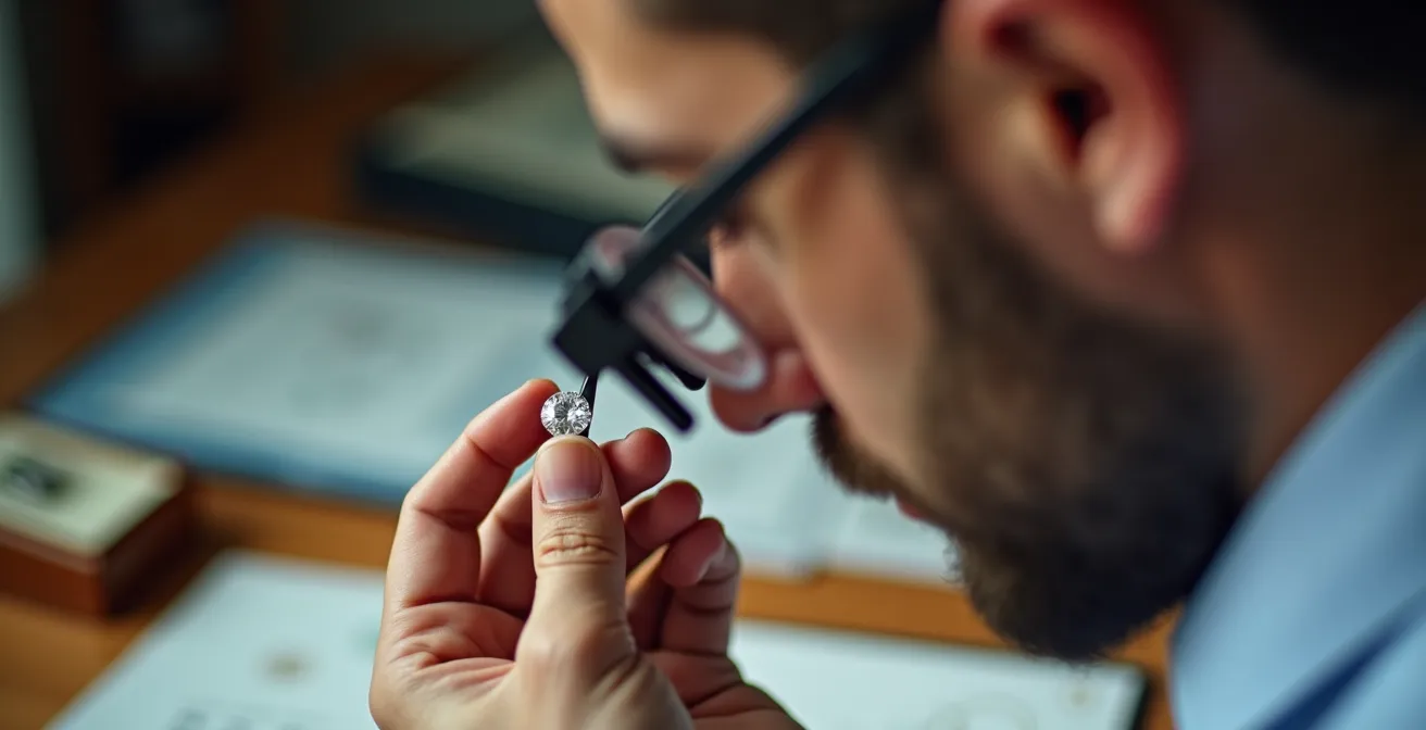 Verificación profesional de diamante con lupa gemológica y certificados